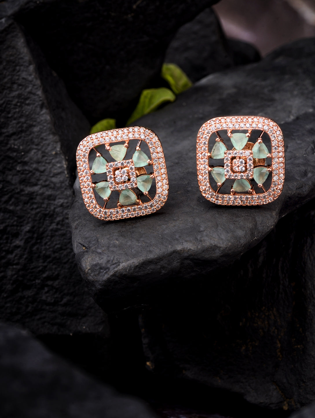 Sqaure Sleek Turquoise studs light blue AD studded rose gold plated small earrings